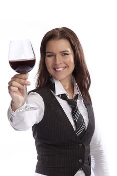 isolated young business woman drinking wine over white background