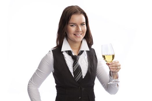 isolated young business woman drinking wine over white background