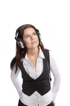 isolated young business woman listening music over white background