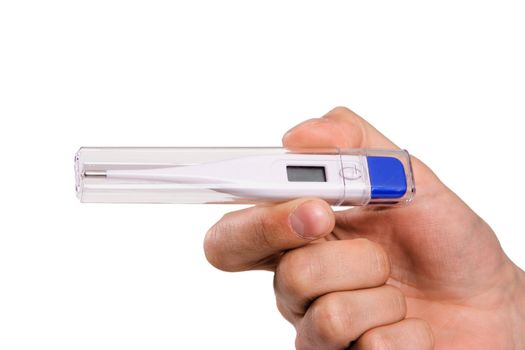 Hand stretching a thermometer in packing on a white background