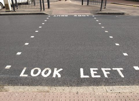 Look Left warning at a pedestrian zebra crossing in a London street