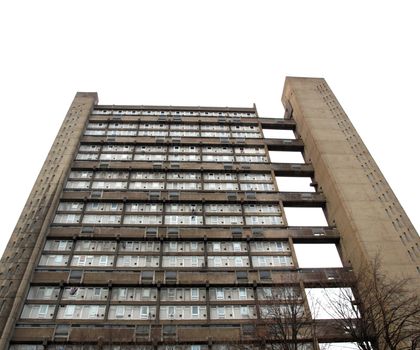 Baffron Tower, iconic brutalist architecture landmark from the sixties   isolated over white