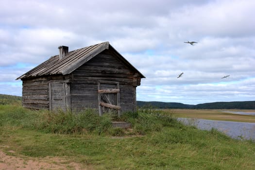 The thrown house at the river against the cloudy sky with birds
