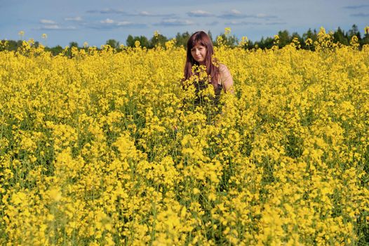 Young woman on summer day in the flower meadow and blue sky at the background.
