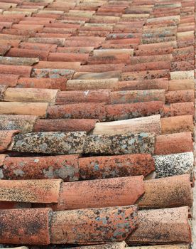 Transversal take of weathered portuguese roofing tiles
