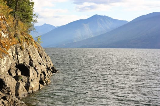 bluff lakeshore and mountain view in a sunny day