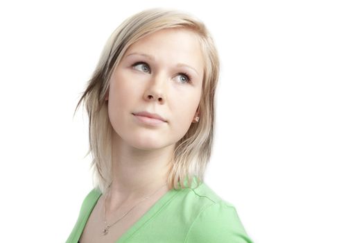 isolated cute teenage girl in green shirt over white background