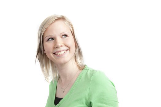 isolated cute teenage girl in green shirt over white background