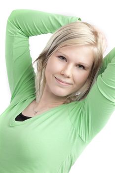 isolated cute teenage girl in green shirt over white background