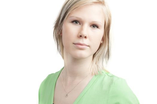 isolated cute teenage girl in green shirt over white background