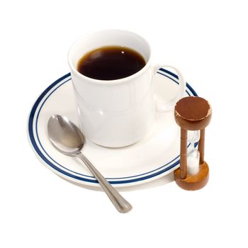 A coffee cup, with a spoon and an hourglass, isolated against a white background