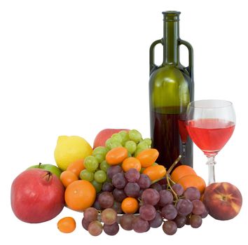 Still life with fruit - kumquat, apple, grapes, peach, lemon, tangerine