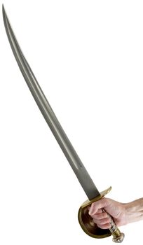 Ancient saber on male hand on the white background
