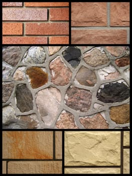 Collage of stone brick wall background with a close range