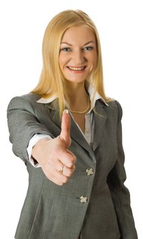 businesswoman show thumb up sign isolated over white with clipping path