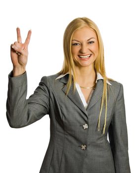 businesswoman show victory sign isolated over white with clipping path