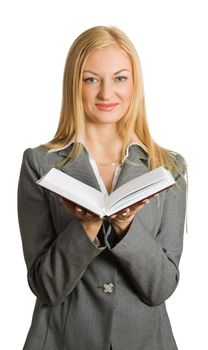 portrait of pretty blonde with open book isolated over white with clipping path