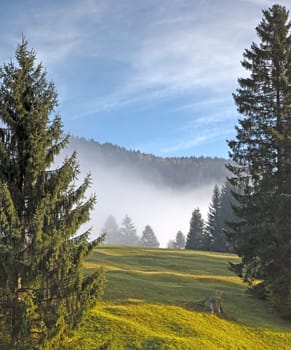 An image of a beautiful landscape with fog in bavaria germany