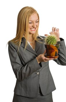 crazy girl with cactus isolated over white with clipping path