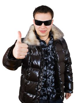 man in black glasses show thumb up sing isolated over white with clipping path