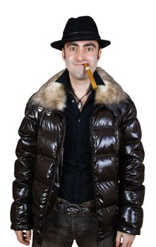 crazy man in hat with cigar isolated over white with clipping path