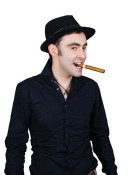 man in black hat with cigar isolated over white with clipping path