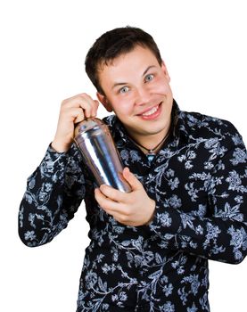 smiling barman with shaker isolated over white with clipping path