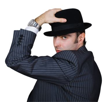 retro businessman holding hat isolated over white with clipping path