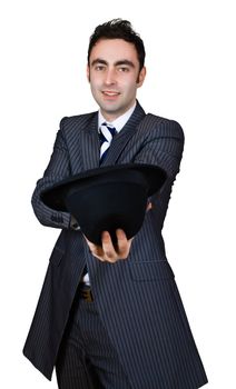 retro businessman come cap in hand isolated over white with clipping path