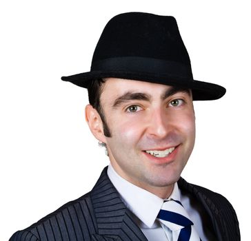 smiling retro businessman in hat isolated over white with clipping path