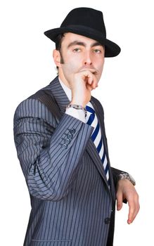 retro businessman smoke a cigarette isolated over white with clipping path