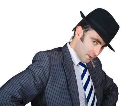 retro businessman smoke a cigarette isolated over white with clipping path