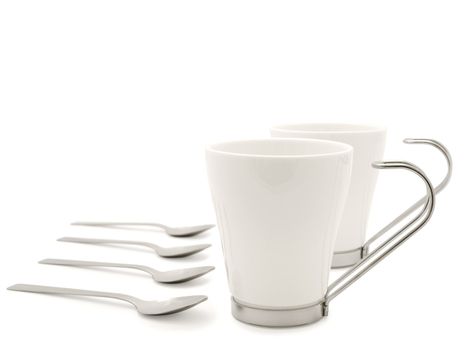 white modern cups and spoons over the white background