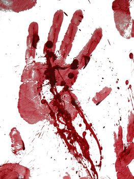 Bloody hand print isolated on white.