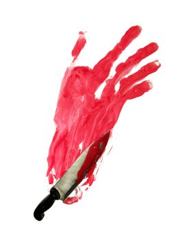 Bloody knife on  bloody hand-print isolated on white.