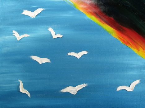 Painted canvas. Bird on the sky and rainbow.