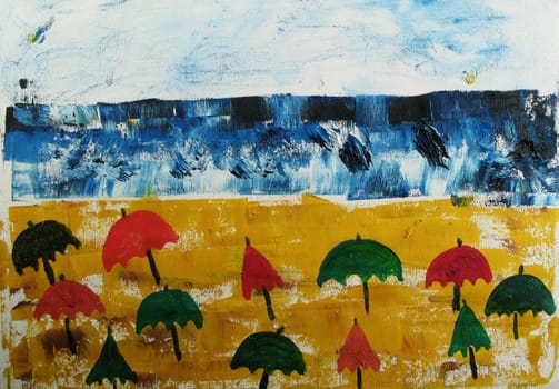 Oil Painted on canvas. Abstract beach and umbrellas.