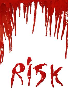 The word RISK in dripping red paint (as blooding) isolated on white.