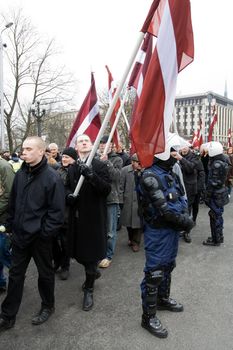 Riga, Latvia, March 16, 2009. Commemoration of the Latvian Waffen SS unit or Legionnaires.The event is always drawing crowds of nationalists and anti-fascists. Many Latvians legionnaires were forcibly called uo to join the Latvian SS Legion.