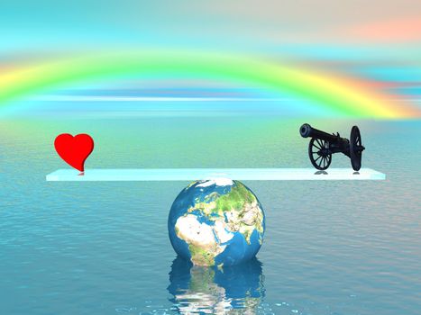 A black old cannon in balance with a red heart upon an earth floating on the ocean and surrounded by a beautiful rainbow