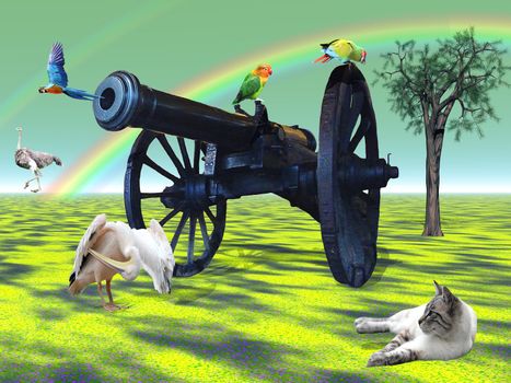 Birds and cat all around a black all cannon in the nature and next to a tree to symbolize voctory of peace