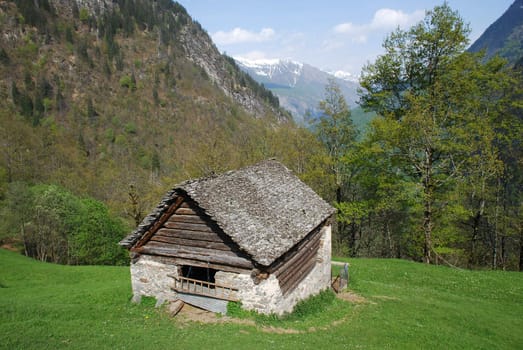 Animal house and Bosco Gurin Valley seen from Cerentino via Maggia valley in Switzerland region Ticino, spring time. 