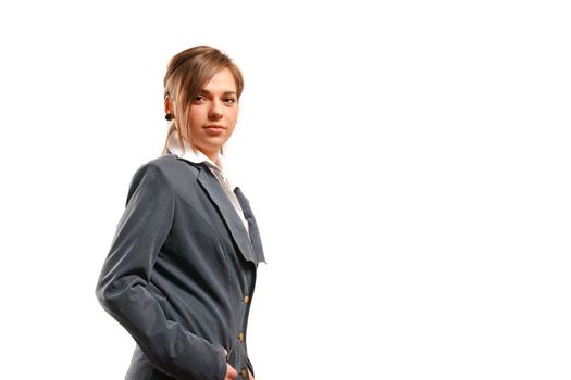 Business woman isolated against white background.