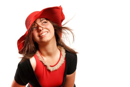 Stylish woman wearing a red hat.