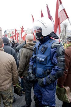 Riga, Latvia, March 16, 2009. Commemoration of the Latvian Waffen SS unit or Legionnaires.The event is always drawing crowds of nationalist supporters and anti-fascist demonstrators. Many Latvians legionnaires were forcibly called uo to join the Latvian SS Legion.