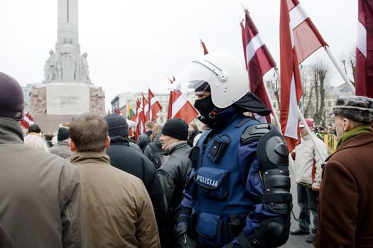 Riga, Latvia, March 16, 2009. Commemoration of the Latvian Waffen SS unit or Legionnaires.The event is always drawing crowds of nationalist supporters and anti-fascist demonstrators. Many Latvians legionnaires were forcibly called uo to join the Latvian SS Legion.