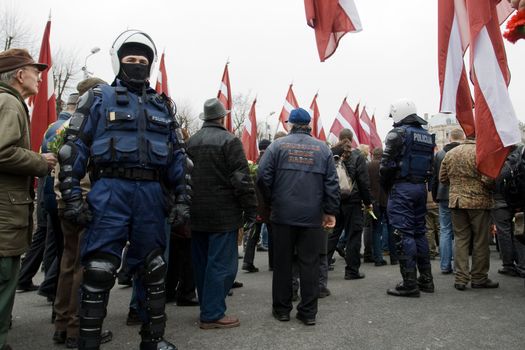 Riga, Latvia, March 16, 2009. Commemoration of the Latvian Waffen SS unit or Legionnaires.The event is always drawing crowds of nationalist supporters and anti-fascist demonstrators. Many Latvians legionnaires were forcibly called uo to join the Latvian SS Legion.