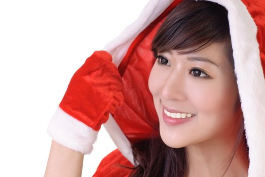 Asian beauty in Santa Claus clothes, closeup portrait with copyspace on white.