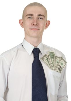 The man in a white shirt with money in a pocket