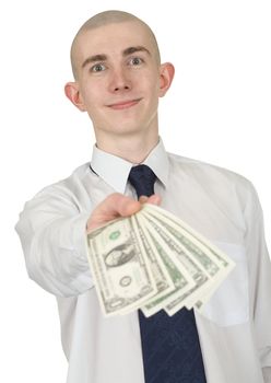 The man in a white shirt with money in a hand